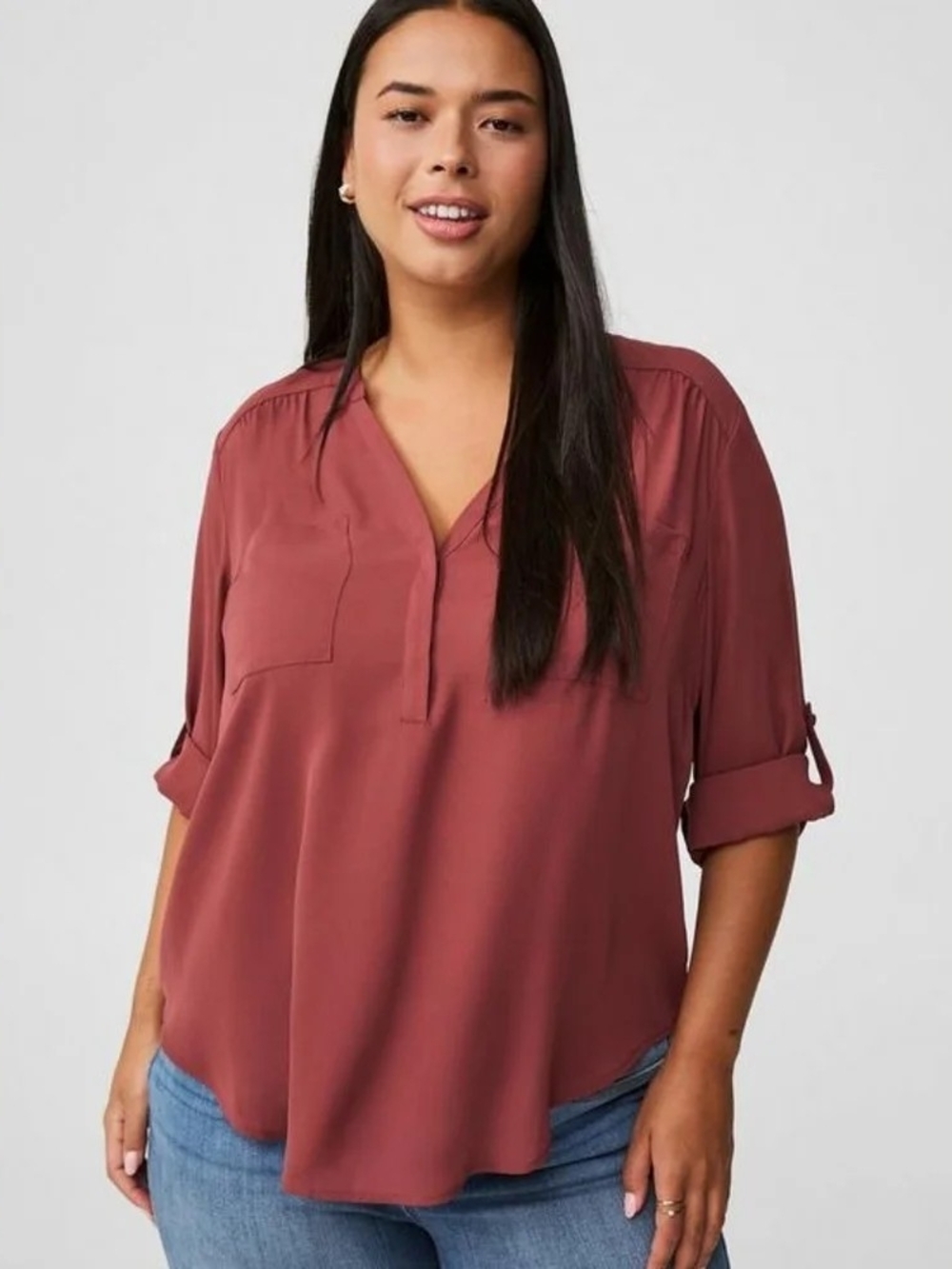 torrid Rosewood Split-Neck Roll-Sleeve Blouse